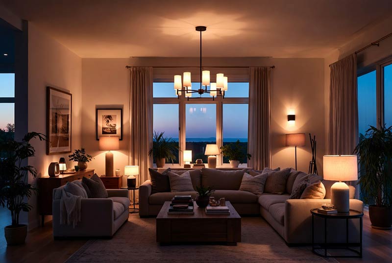 Example sitting room showing layered lighting using ceiling, wall, floor and table lamps.