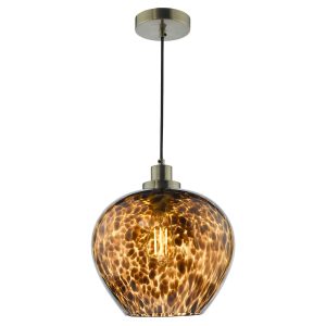 Leandra tortoiseshell glass pendant light in antique brass, on white background lit