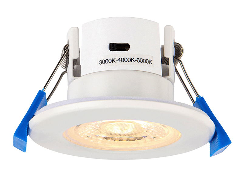 CCT (colour change) LED downlight in white. 