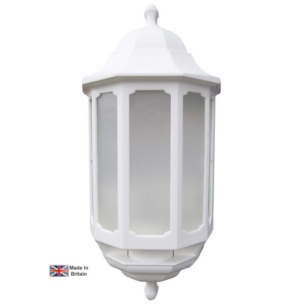 Dual light level LED outdoor wall PIR half wall lantern in white, main image on white background.
