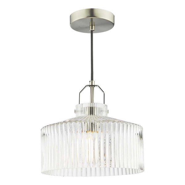 Lenka single ribbed clear glass pendant light in satin nickel, on white background lit