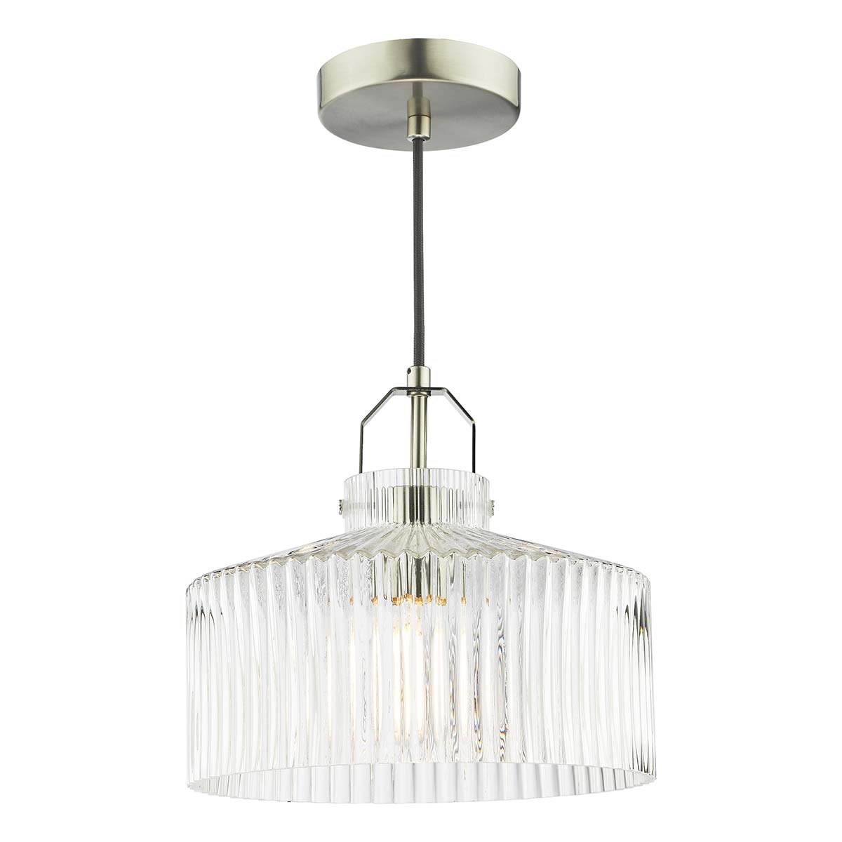 Dar Lenka Ribbed Clear Glass Pendant Light Satin Nickel