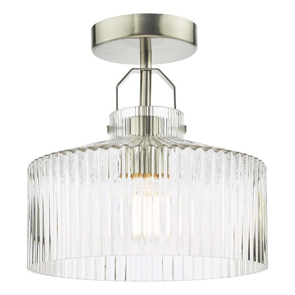 Lenka ribbed clear glass semi flush light in satin nickel, on white background lit