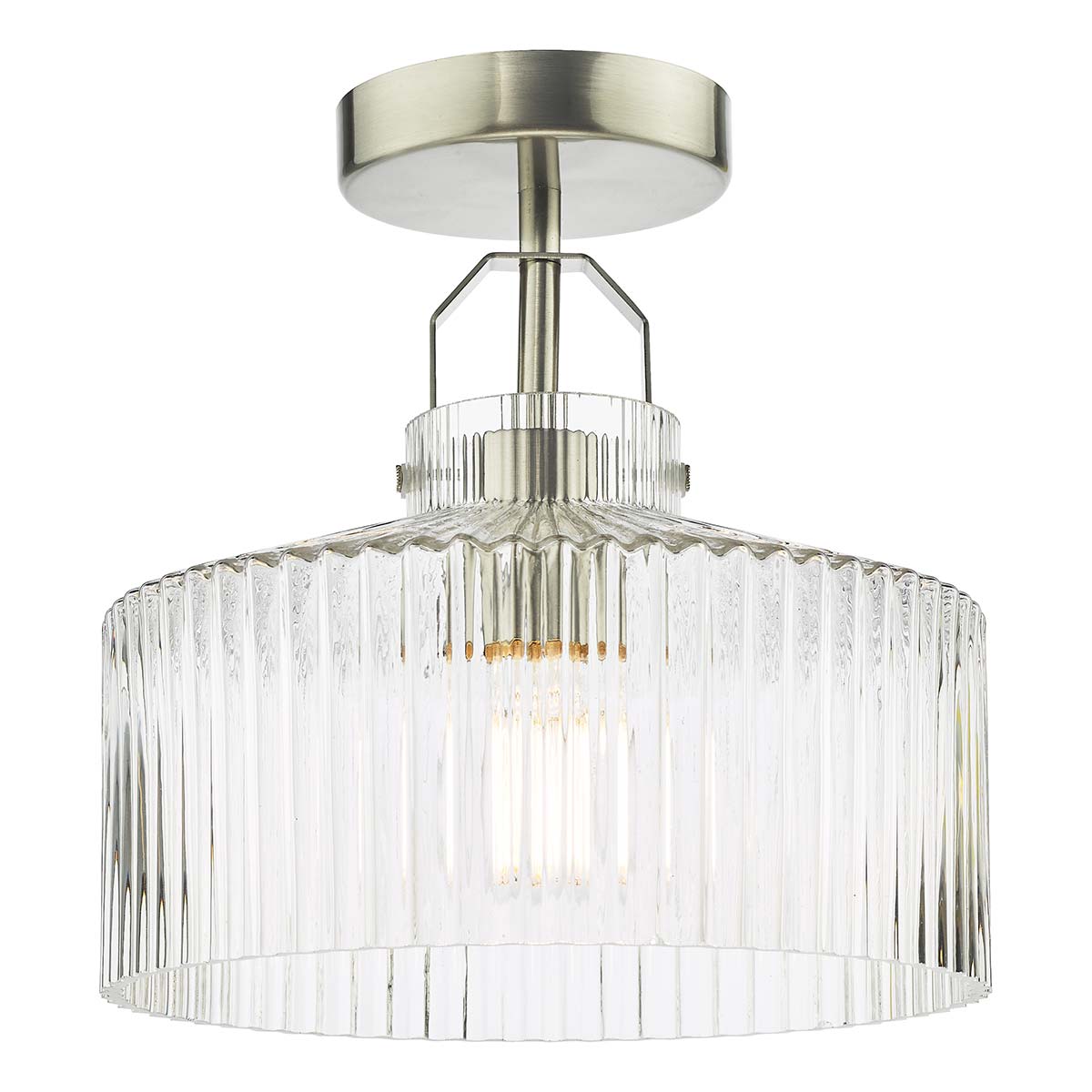 Dar Lenka Ribbed Clear Glass Semi Flush Light Satin Nickel