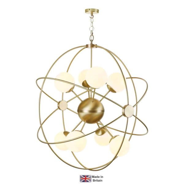 Liberty large 8 light pendant in solid butter brass on white background lit