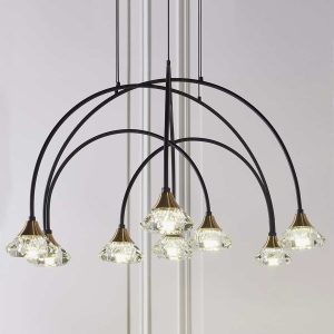 Curved 9 light dimmable LED pendant in matt black with crystal glass main image