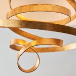 Contemporary 3 Light Gold Leaf Ribbon Pendant Ivory Cotton Shade