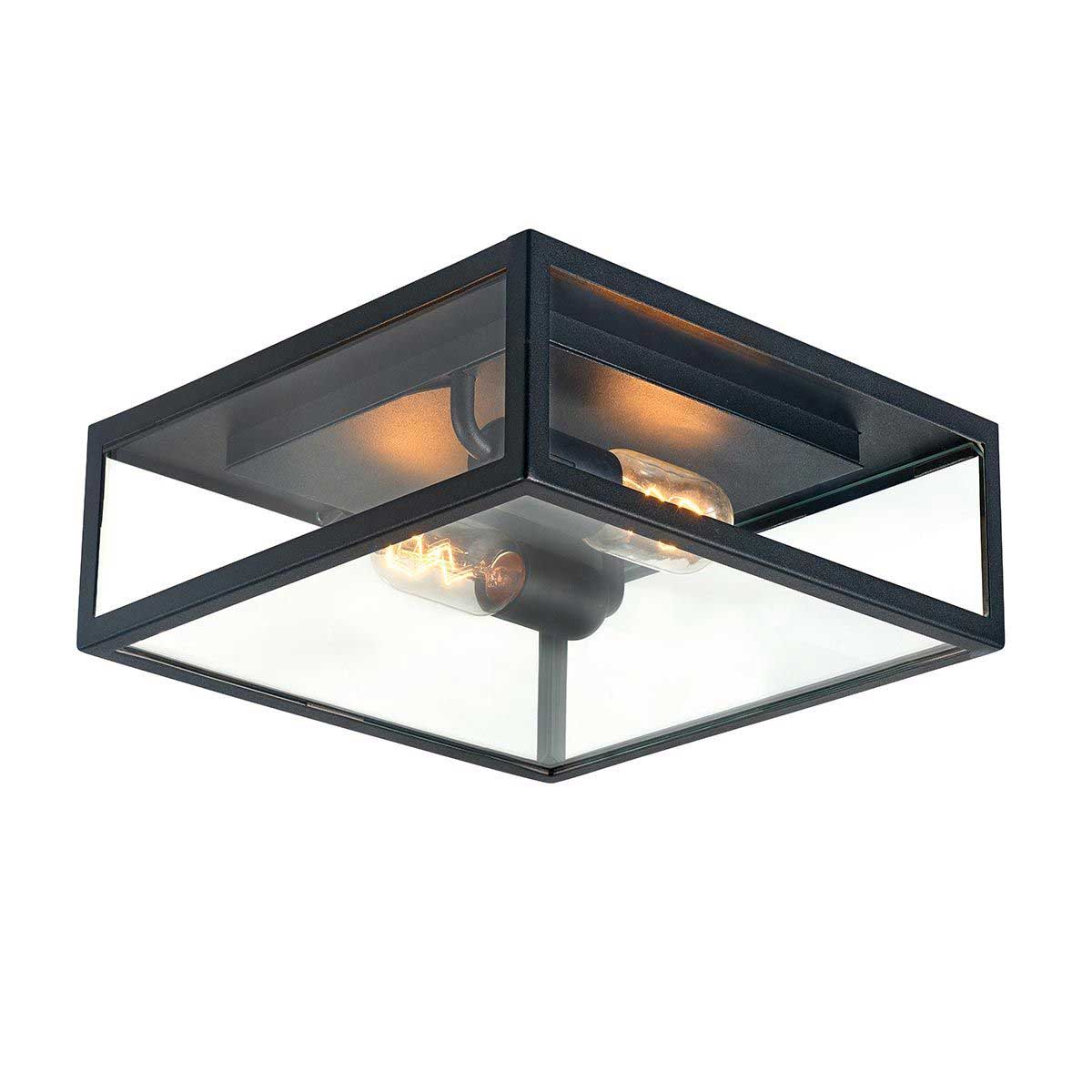 Norlys Lofoten Matt Black 2 Light Flush Outdoor Porch Lantern Clear Glass