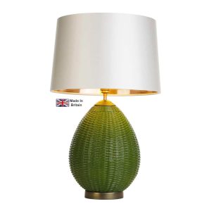 Lombok handmade table lamp base only in juniper green rattan look on white background lit