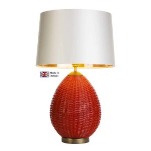 Lombok handmade table lamp base only in strawberry rattan look on white background lit