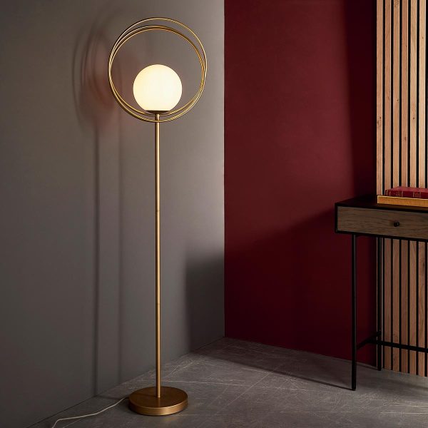 Loop modern floor lamp in brushed gold with opal glass shade main image