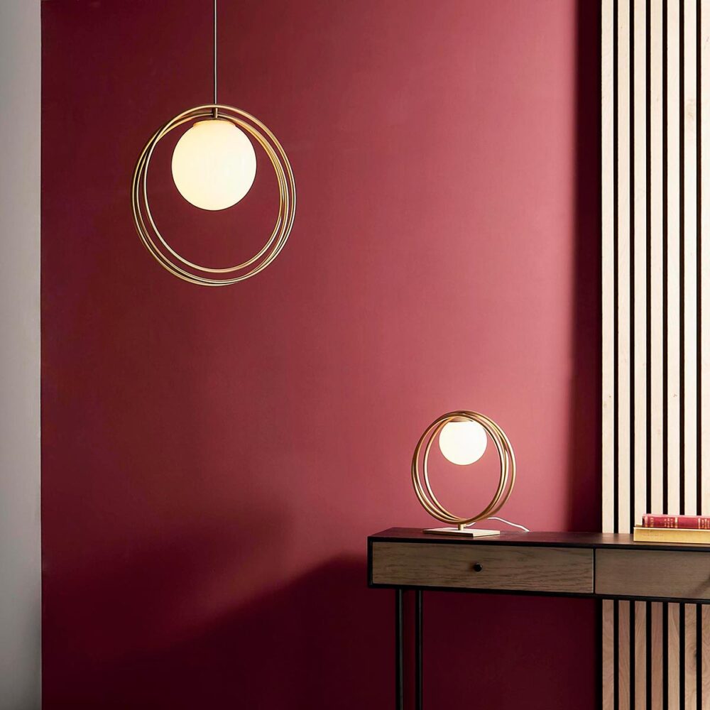 Loop Single Light Ceiling Pendant Brushed Gold Opal Glass Globe Shade