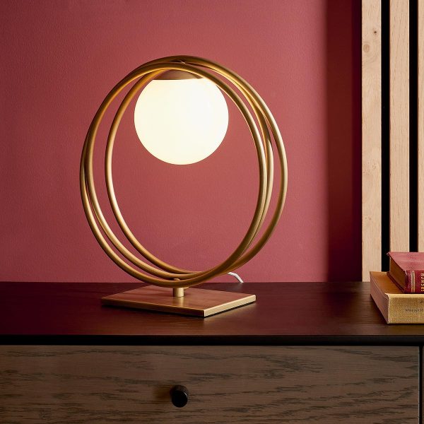 Loop modern table lamp in brushed gold with opal glass shade main image