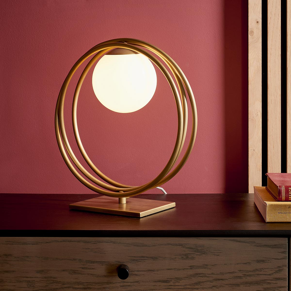Loop Modern 1 Light Table Lamp Brushed Gold Opal Glass Globe Shade