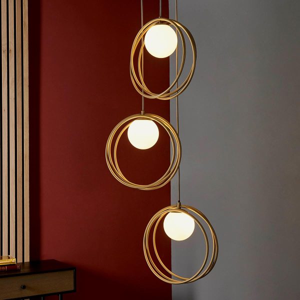 Loop 3 light pendant in brushed gold with opal glass shades main image