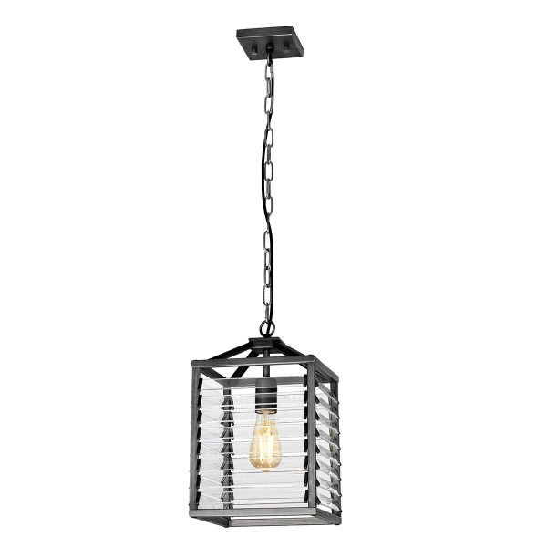 Elstead Louvre industrial 1 light ceiling pendant lantern in gunmetal full height lit