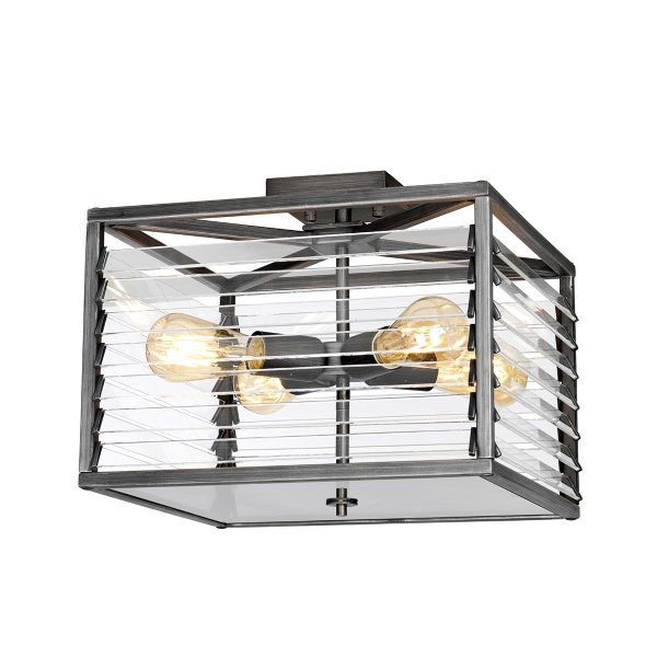 Elstead Louvre industrial 4 light flush ceiling lantern in gunmetal lit