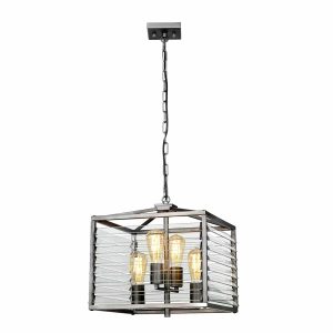 Elstead Louvre industrial 4 light ceiling pendant lantern in gunmetal full height lit