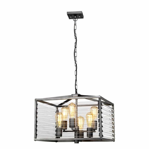 Elstead Louvre industrial 6 light ceiling pendant lantern in gunmetal full height lit