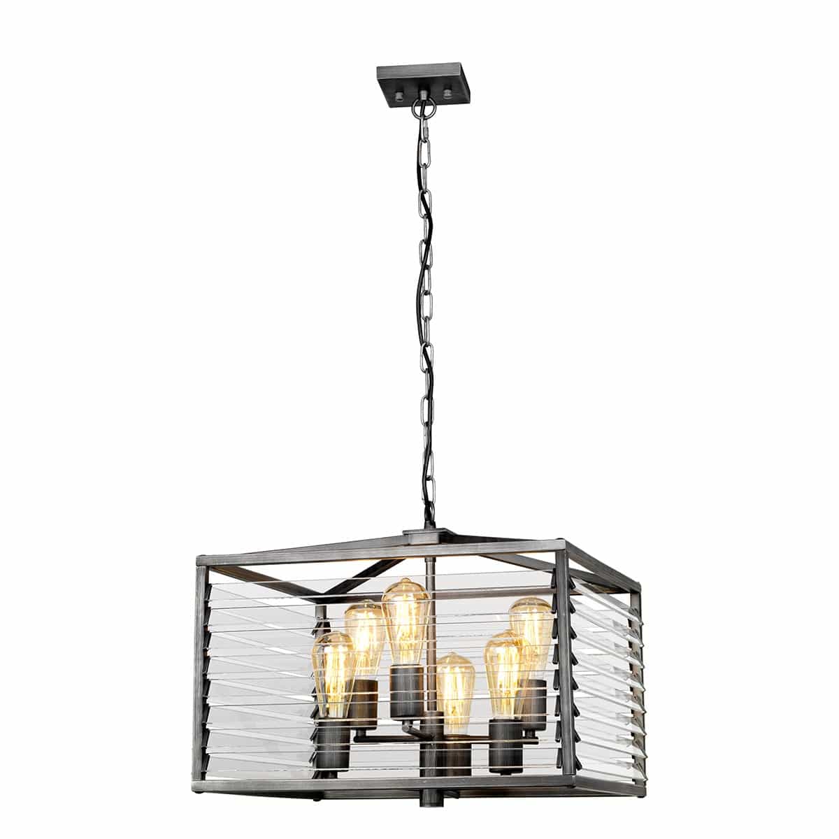 Louvre Industrial 6 Light Ceiling Pendant Lantern Gunmetal Clear Glass