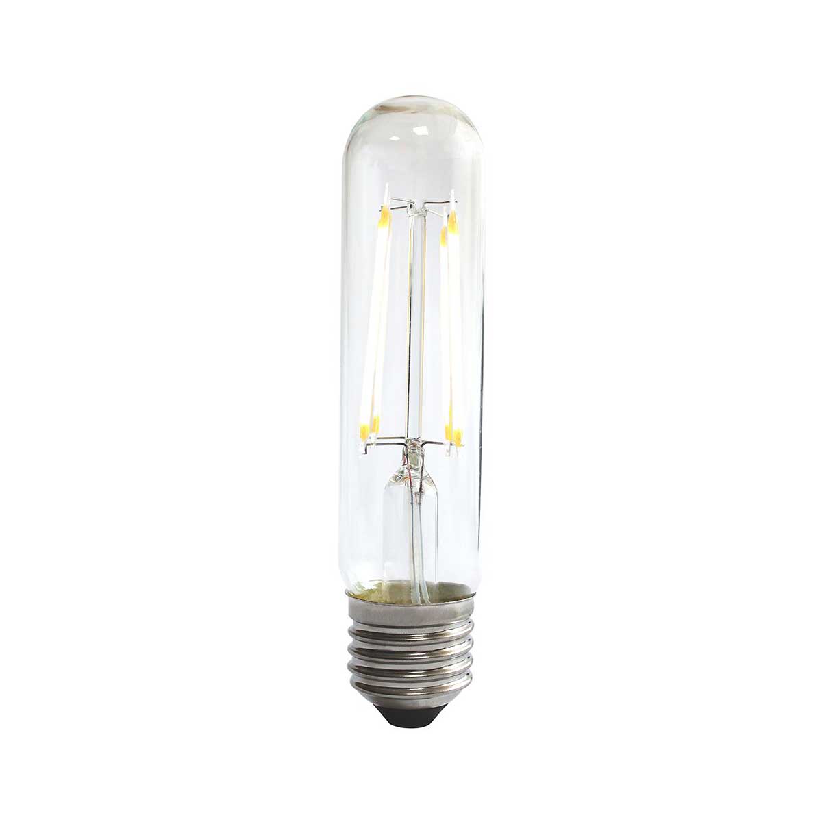 Dimmable E27 8w LED tube light bulb in warm white with 900 lumen output, lit on a white background.
