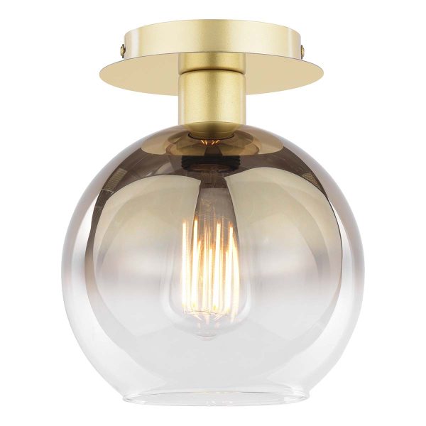 Lycia small gold ombre glass semi flush light in polished gold, on white background lit