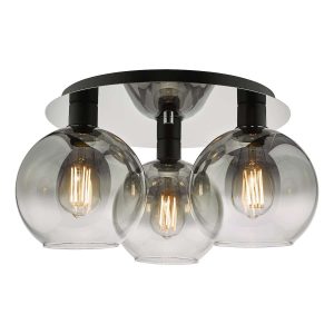 Lycia 3 light flush low ceiling light in matt black shown lit on white background