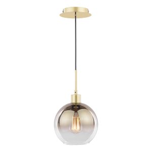 Lycia gold ombre glass pendant light with polished gold metalwork, on white background lit