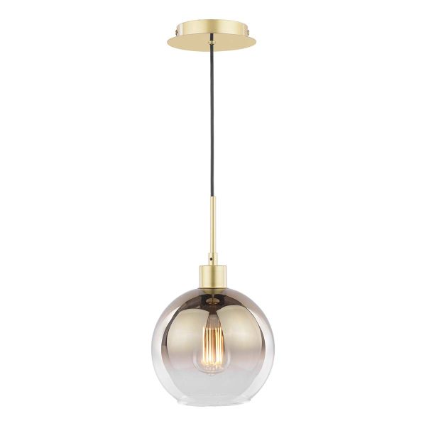 Lycia gold ombre glass pendant light with polished gold metalwork, on white background lit