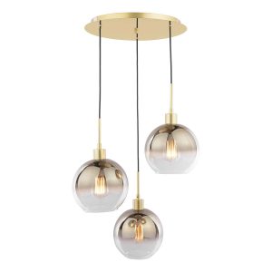 Lycia 3 light gold ombre glass cluster pendant with gold metalwork, on white background lit