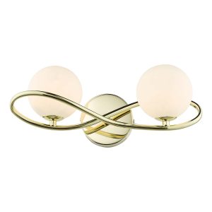 Lysandra double switched wall light in polished gold with opal glass shades, on white background lit