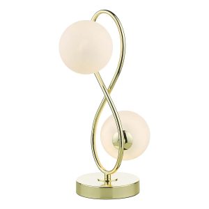 Lysandra 2 light table lamp in polished gold with opal glass shades, on white background lit