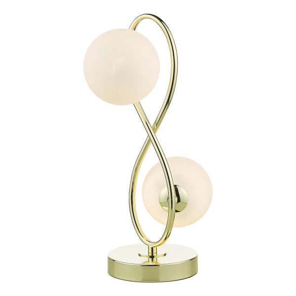 Lysandra 2 light table lamp in polished gold with opal glass shades, on white background lit
