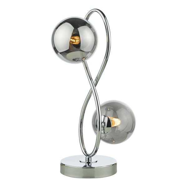 Lysandra 2 light table lamp in polished chrome with smoked glass shades, on white background lit