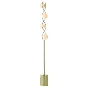 Lysandra 4 light table lamp in polished gold with opal glass shades, on white background lit