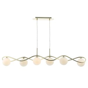 Lysandra 6 light bar pendant in polished gold with opal glass shades, on white background lit