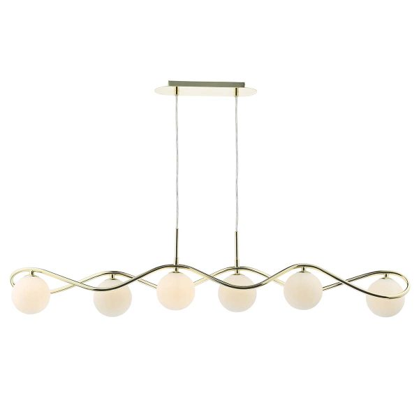 Lysandra 6 light bar pendant in polished gold with opal glass shades, on white background lit