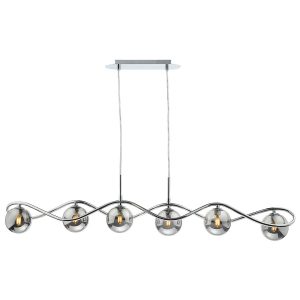 Lysandra 6 light bar pendant in polished chrome with smoked glass shades, on white background lit