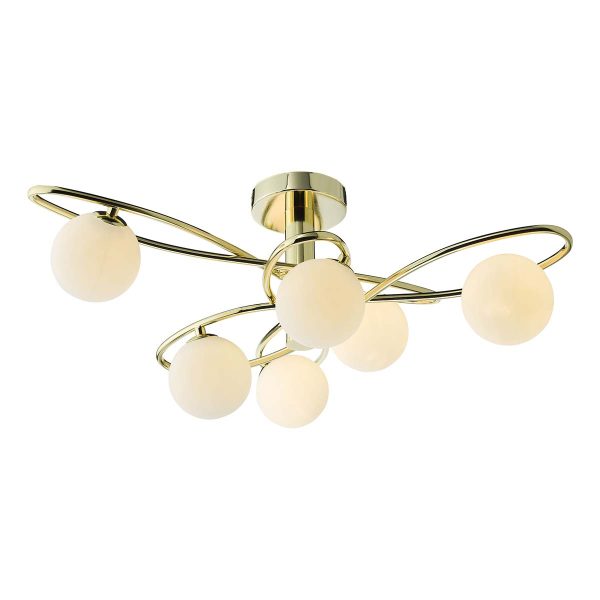Lysandra 6 light semi flush ceiling light in polished gold with opal glass shades, on white background lit