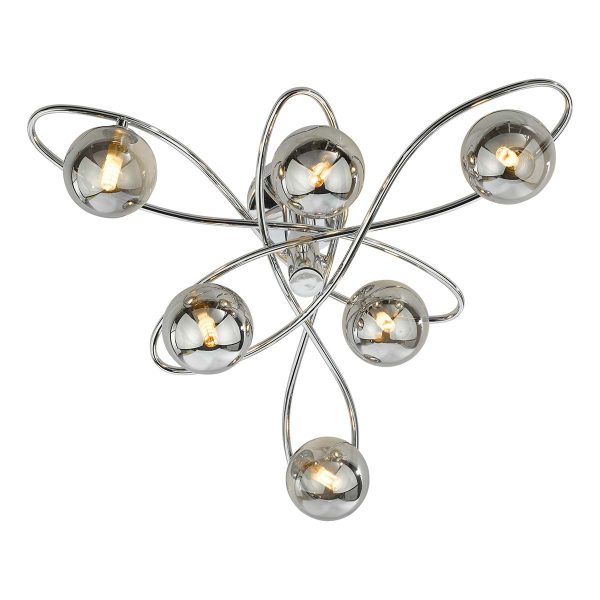 Lysandra 6 light semi flush ceiling light in polished chrome with smoked glass shades, on white background lit
