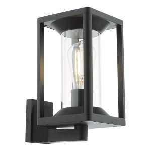 Mackenzie modern 1 light outdoor wall lantern in matt black, on white background lit