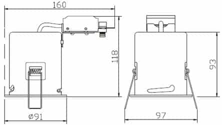 mains voltage 90-minute fire rated tilt downlight line drawing