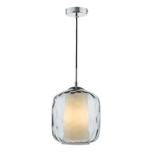 Majella single smoked glass pendant light with polished chrome metalwork, on white background lit