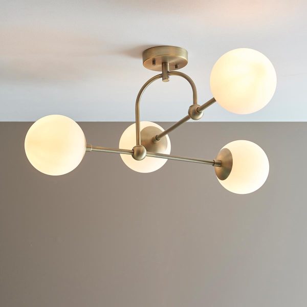 Matt antique brass 4 light ceiling semi flush with opal glass shades main image