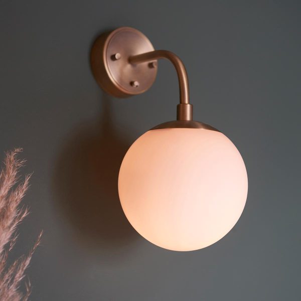 Matt Antique Brass Switched Single Lamp Wall Light Opal Glass Shade