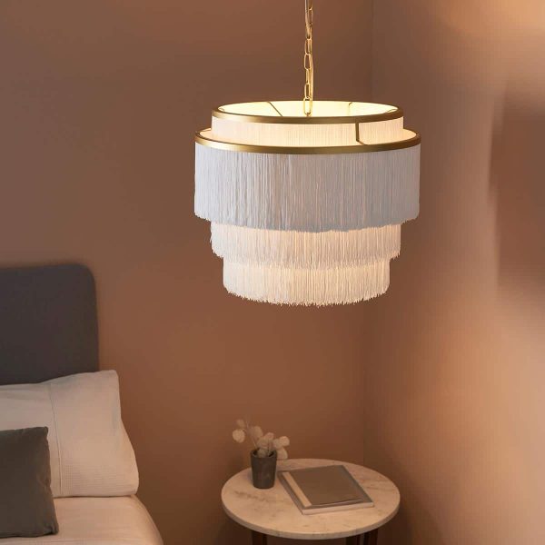 Matt gold tiered 3 light ceiling pendant with soft white tassels main image