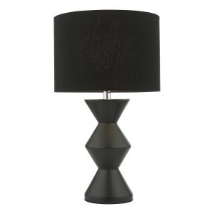 Max black ceramic table lamp with black shade on white background lit