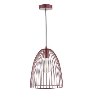 Maya single cage pendant light in satin purrple finish, on white background lit