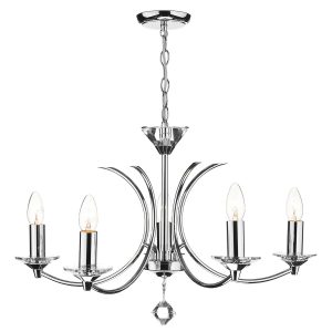 Medusa polished chrome 5 light dual mount chandelier full height on white background