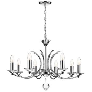 Medusa polished chrome 8 light dual mount chandelier full height on white background